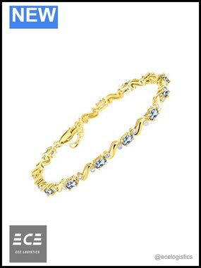 Yellow Gold Plated Silver Tennis Bracelet Gemstone & Diamond Adjustable 7-8 Inch